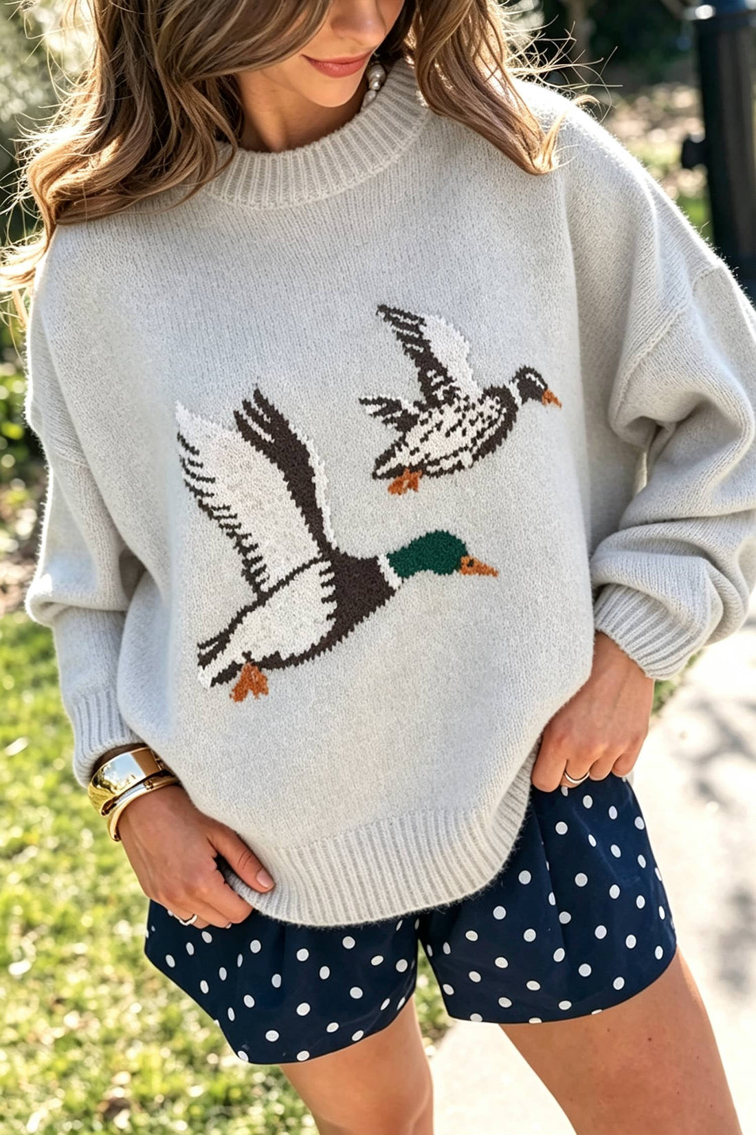 LDC Mallard Pattern Round Neck Drop Shoulder Knit Sweater