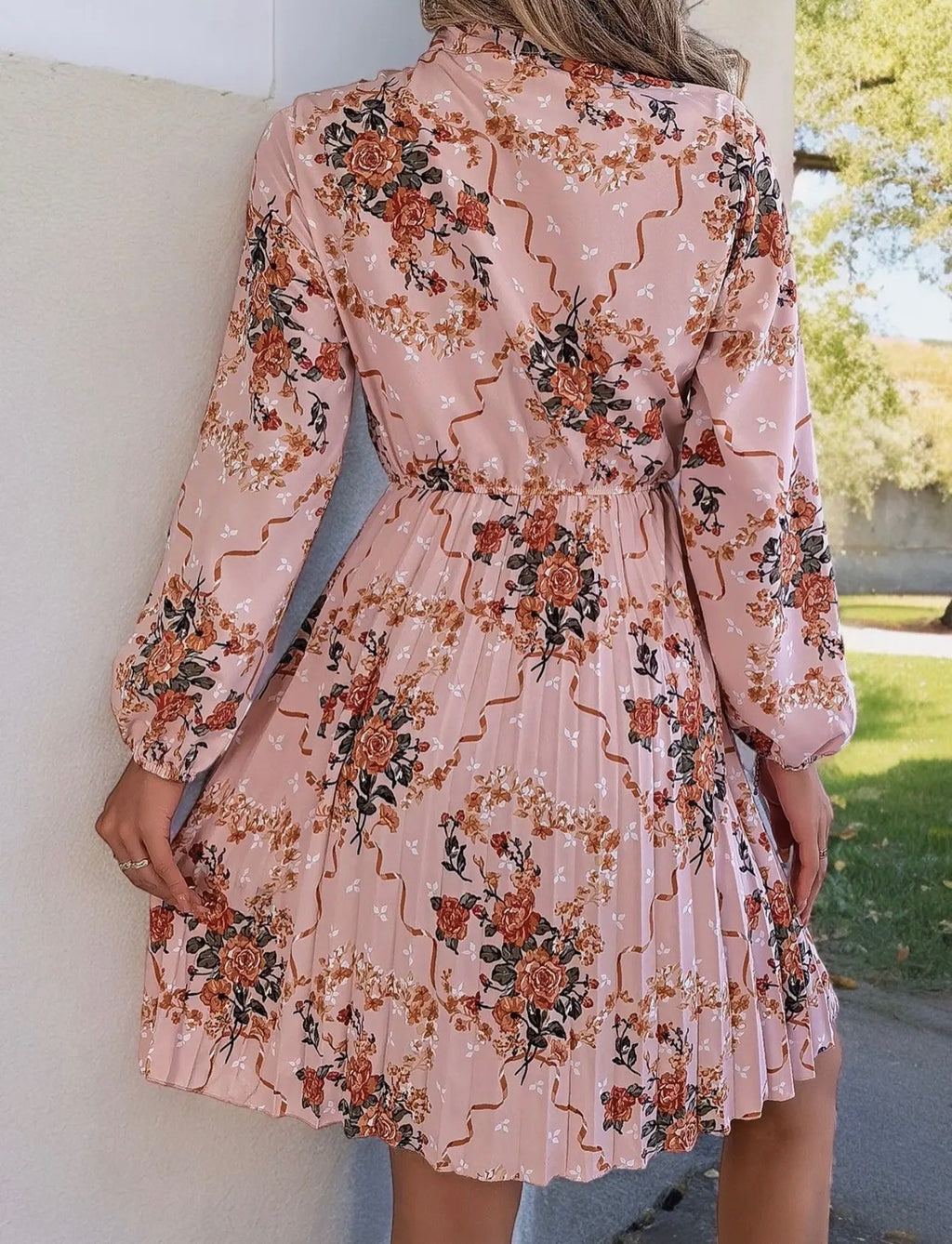 Long Sleeve Floral Print Dress with Bow Tie