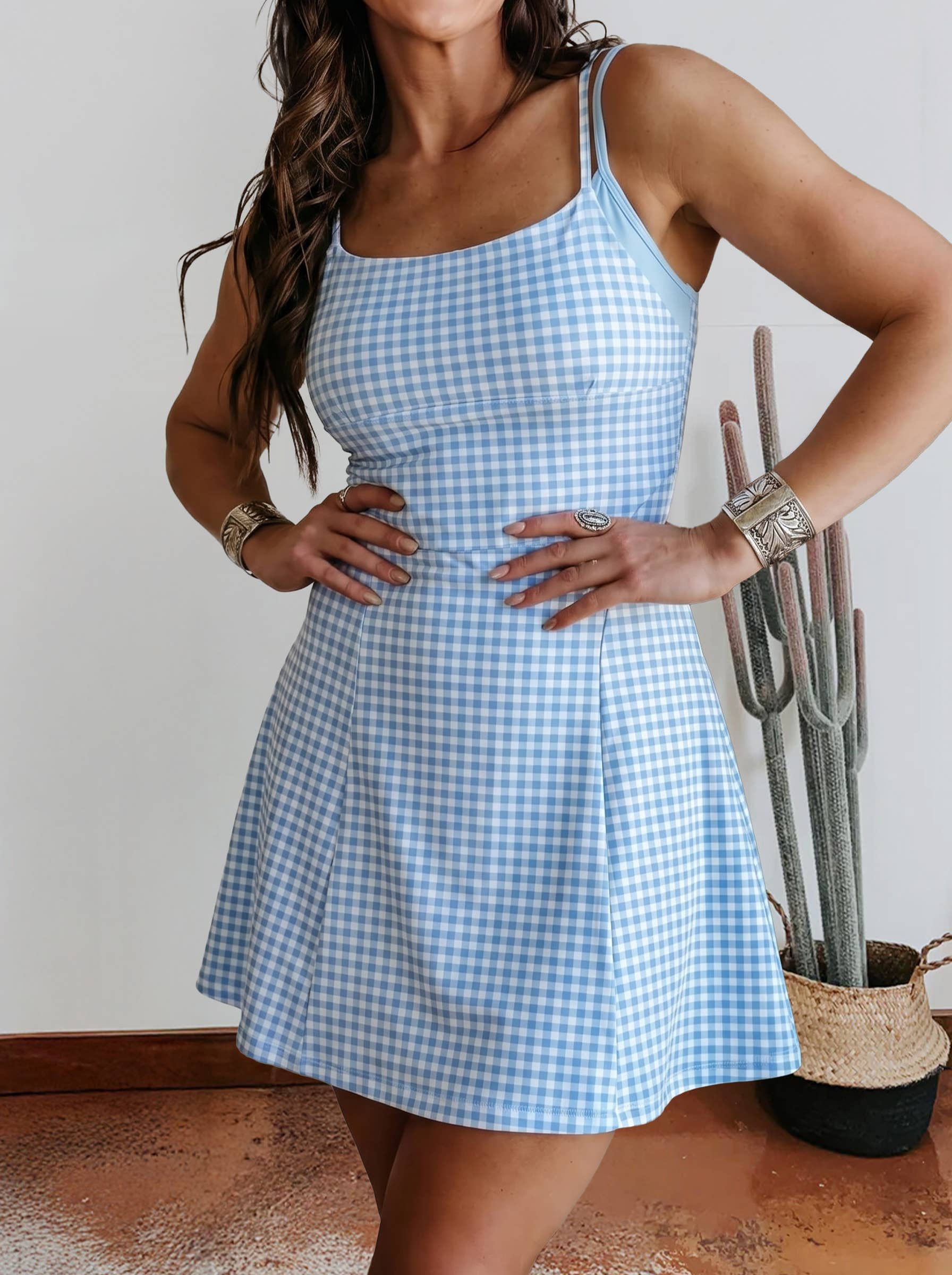 Summer Gingham Plaid Double Layered Cami Mini Dress 3pcs Set