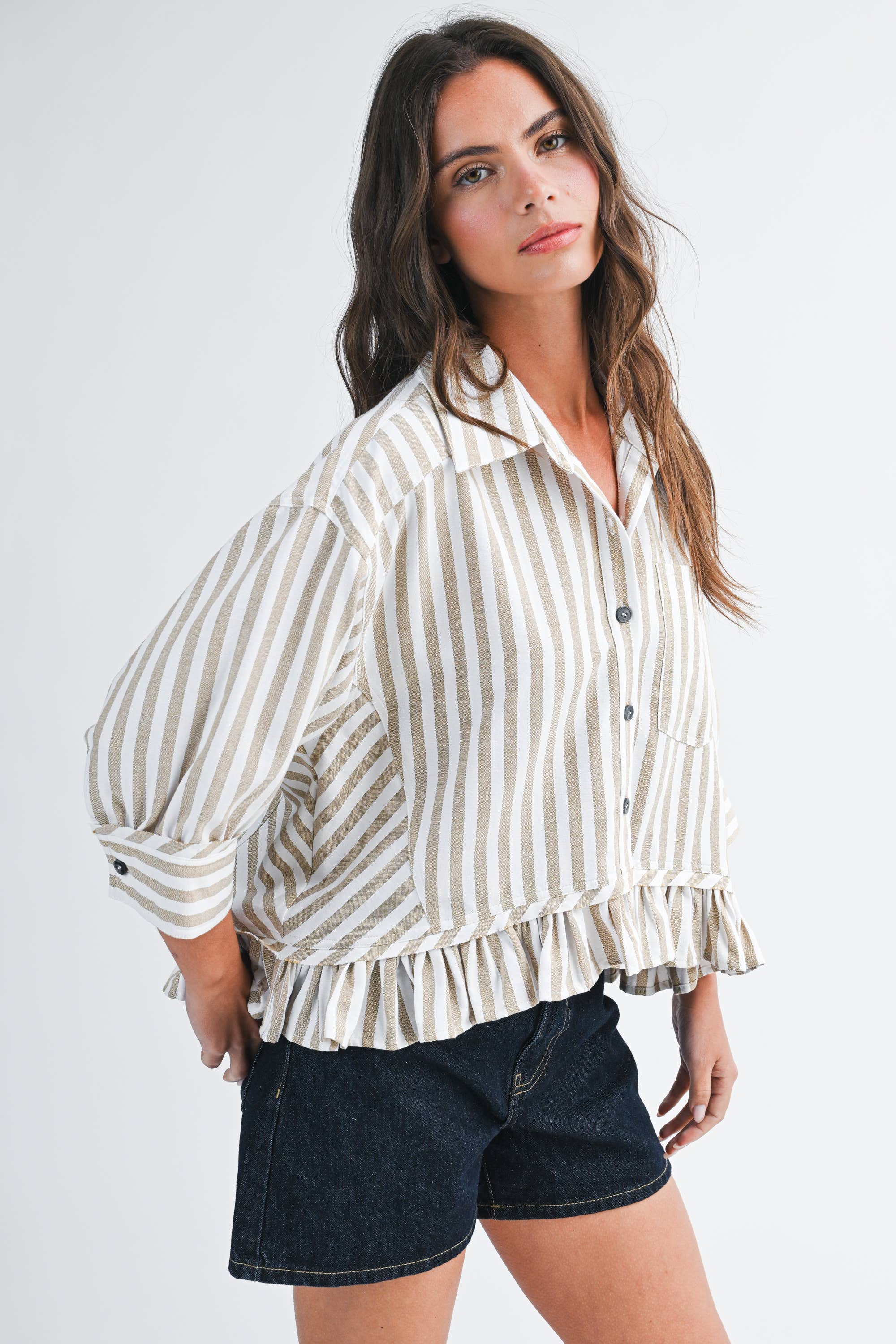 Striped Ruffle Hem Button Down