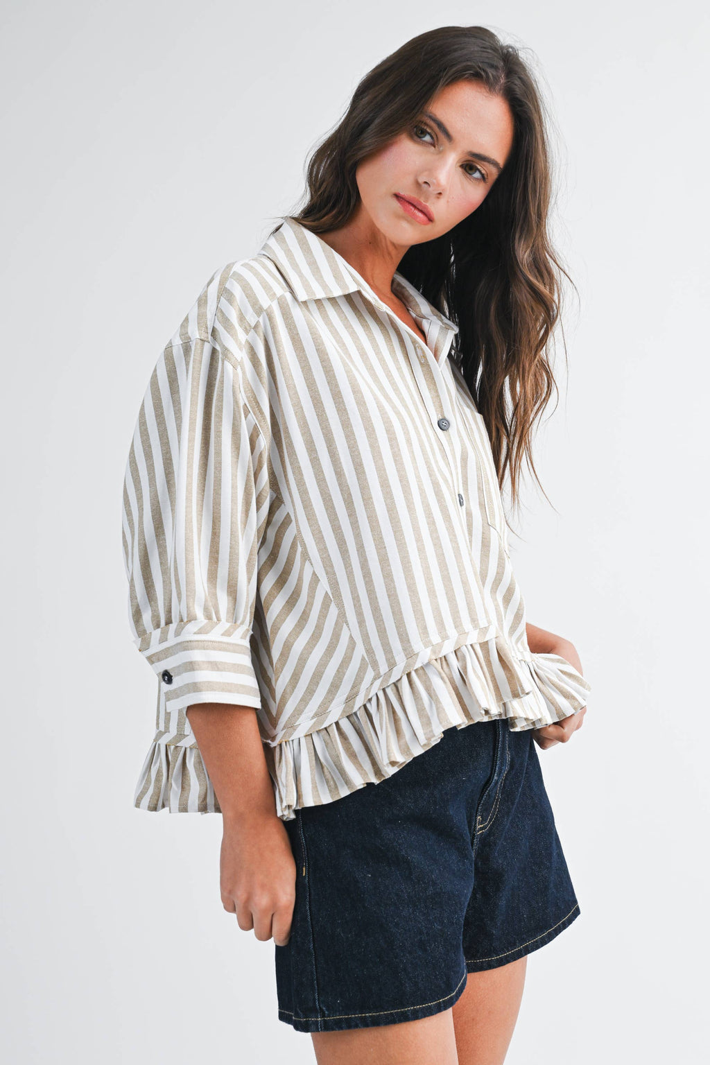 Striped Ruffle Hem Button Down