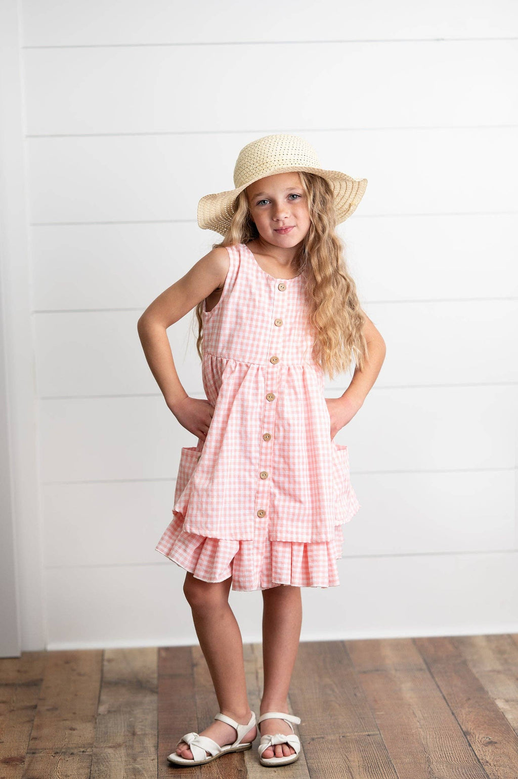 Girls Pink & White Gingham Check Pocket Ruffle Summer Dress