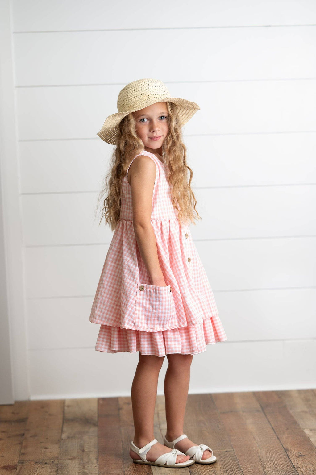 Girls Pink & White Gingham Check Pocket Ruffle Summer Dress