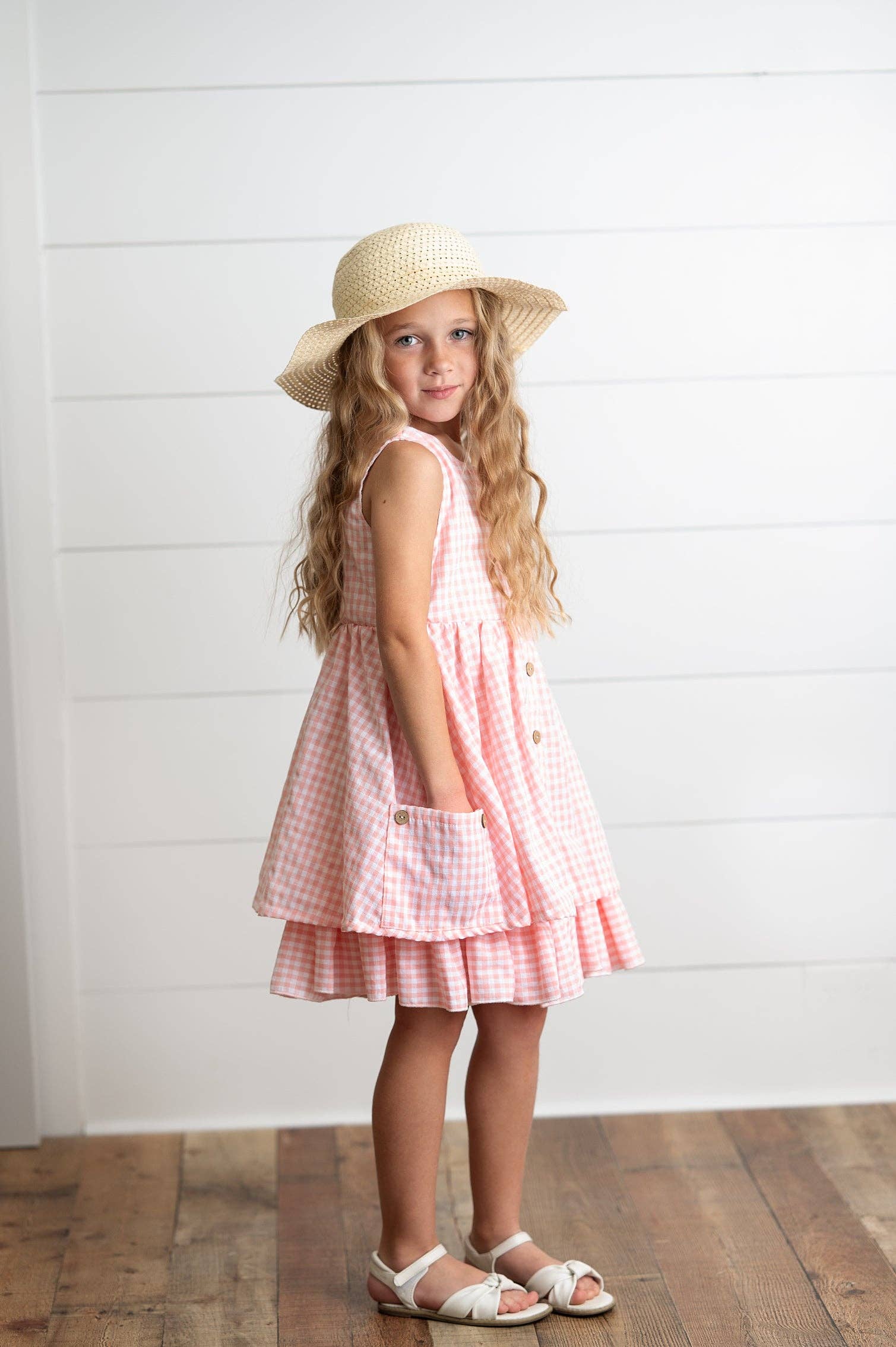 Girls Pink & White Gingham Check Pocket Ruffle Summer Dress