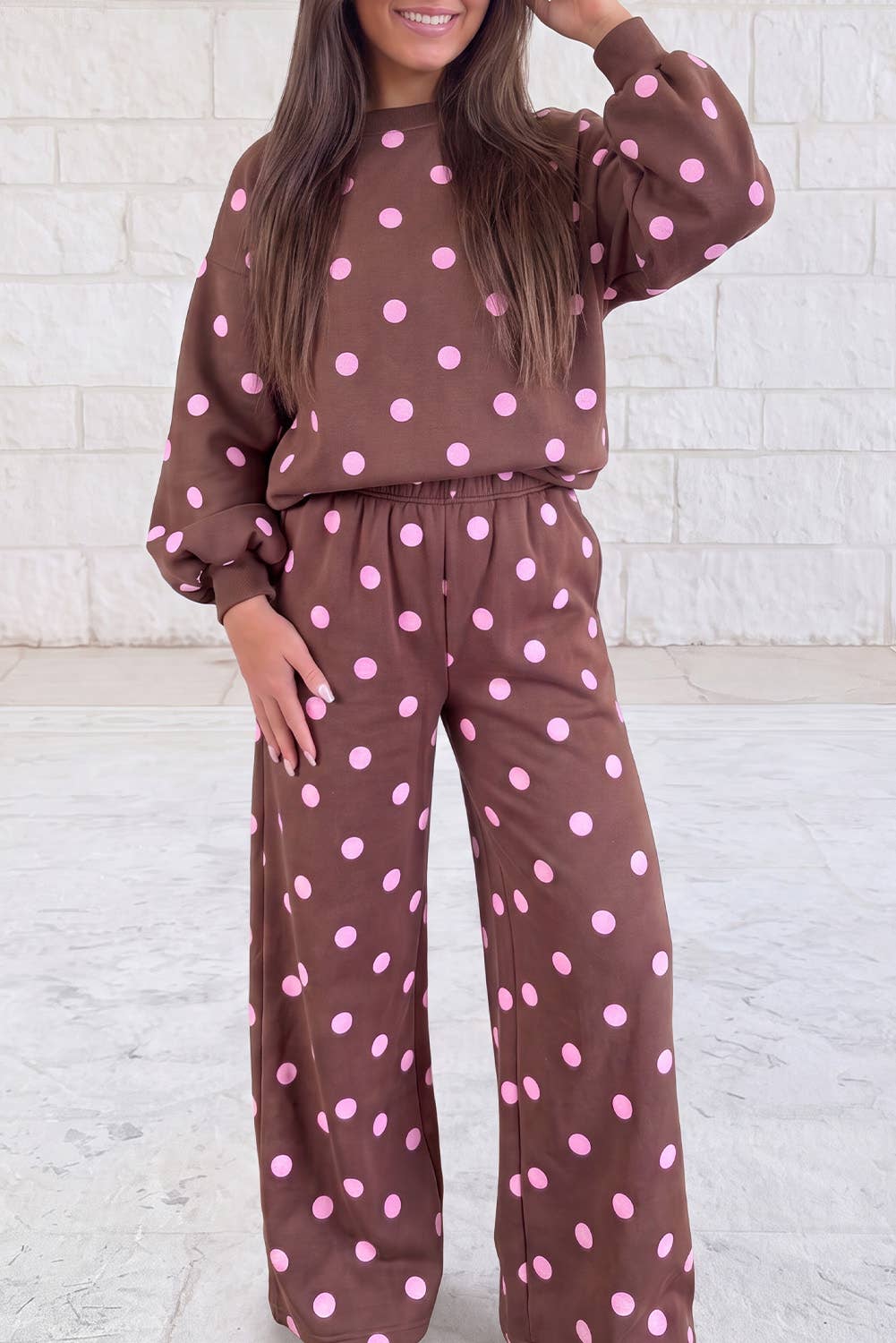 Polka Dot Long Sleeve Top and Pants 2 Pcs Set