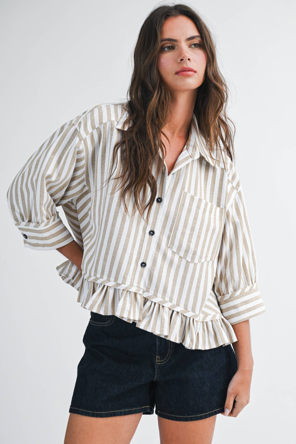 Striped Ruffle Hem Button Down