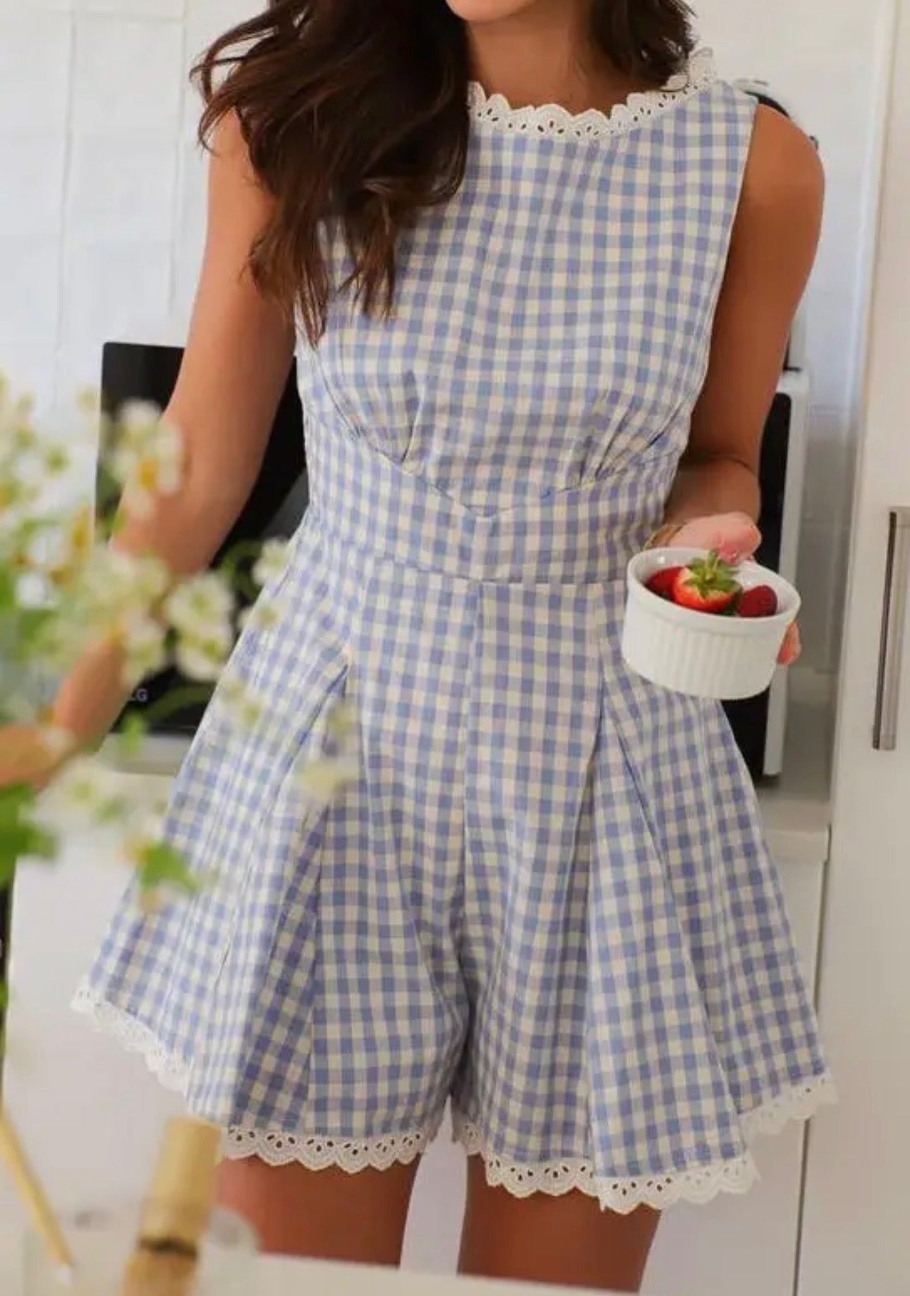 Gingham Lace Trimmed Romper – Blue and White