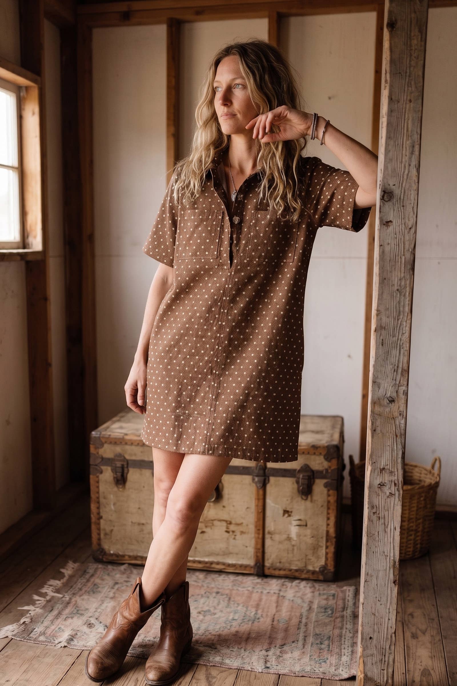 Polka Dot Denim Shirt Dress