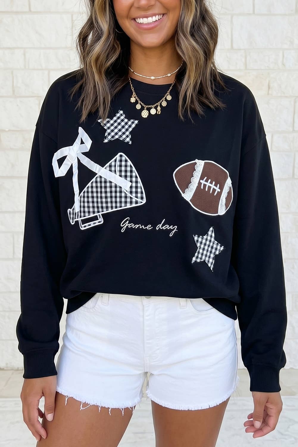 Gingham Stars Lace Applique Game Day Sweatshirt S–4X