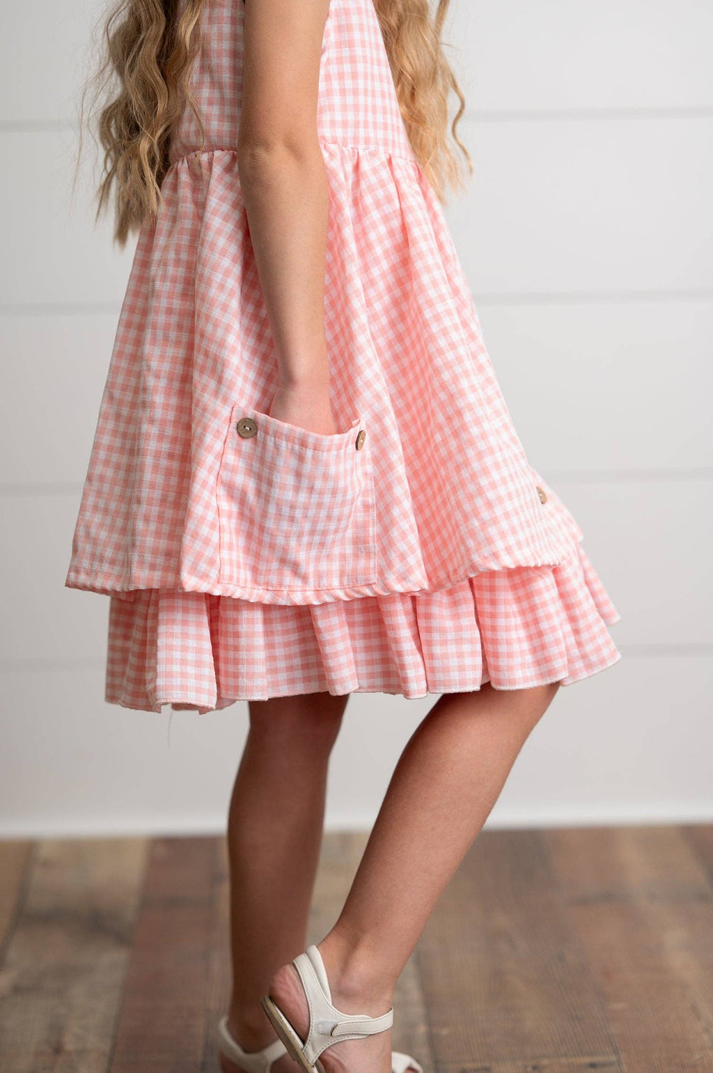 Girls Pink & White Gingham Check Pocket Ruffle Summer Dress