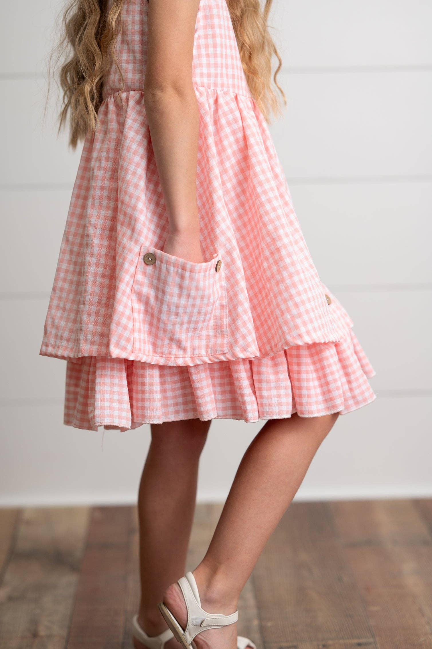 Girls Pink & White Gingham Check Pocket Ruffle Summer Dress