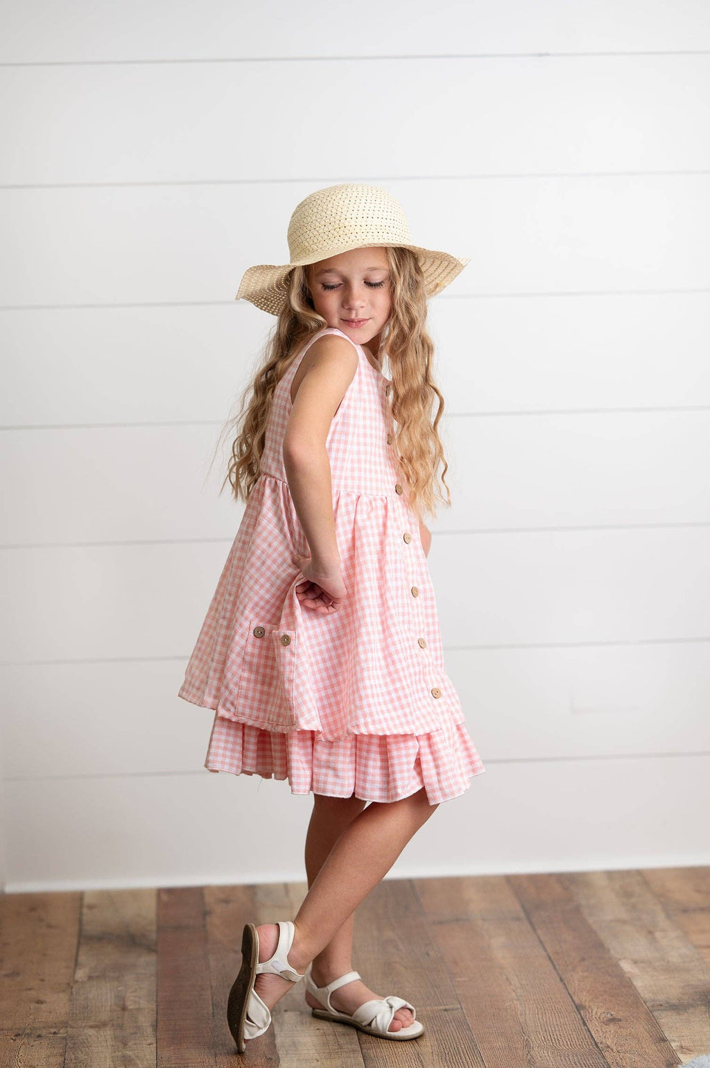 Girls Pink & White Gingham Check Pocket Ruffle Summer Dress