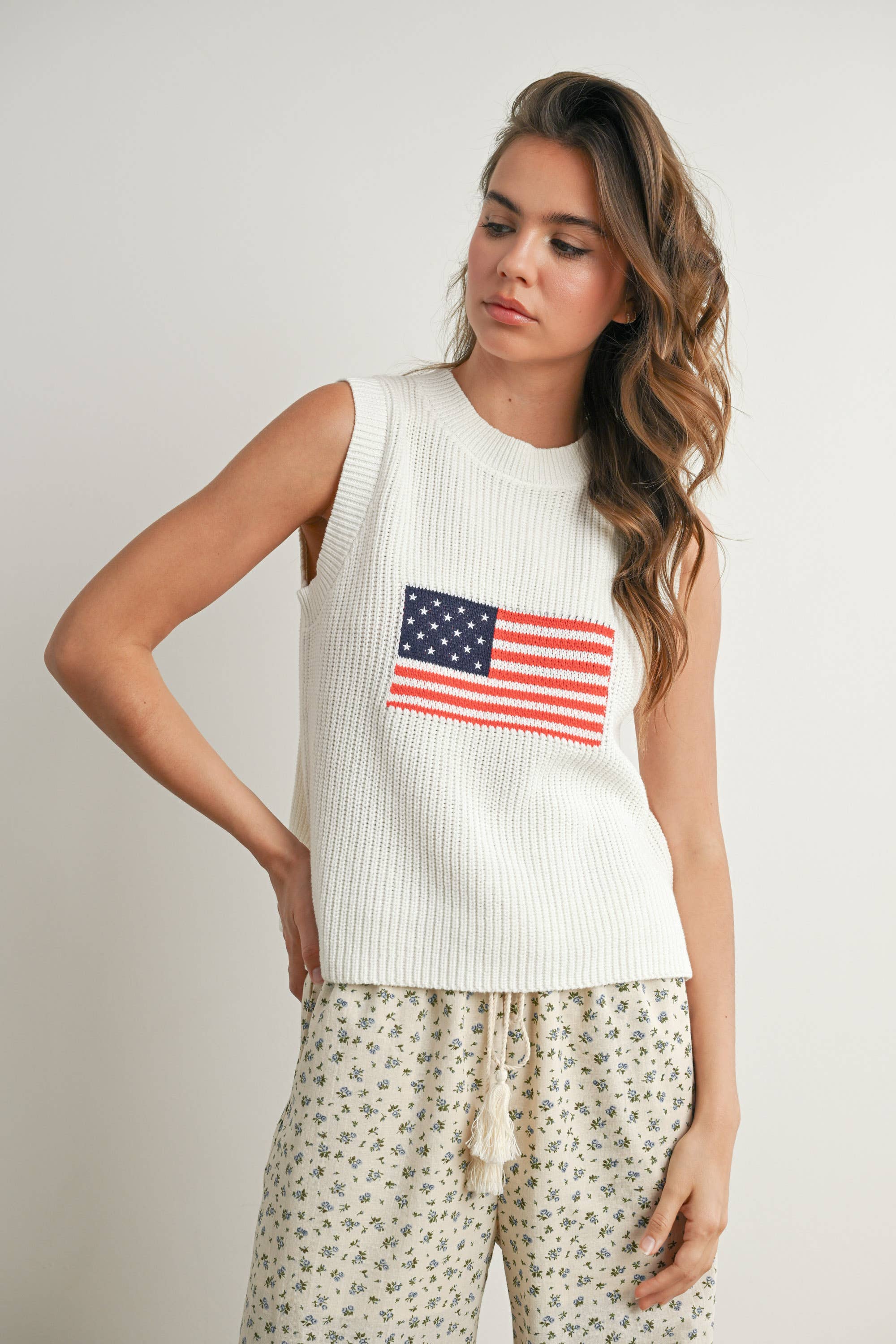 Flag Print Knitted Sleeveless Sweater - BMW7749