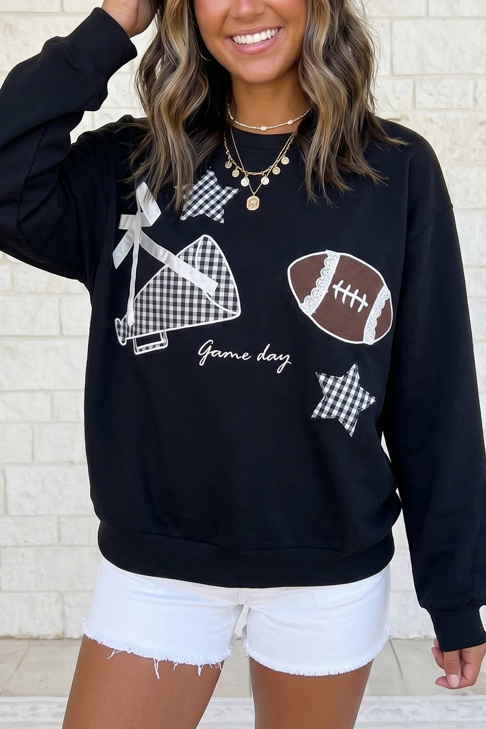 Gingham Stars Lace Applique Game Day Sweatshirt S–4X