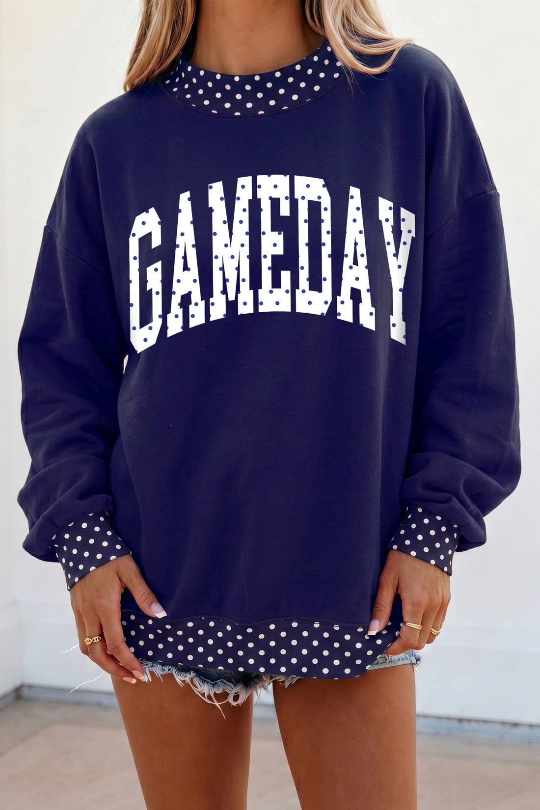 LDC Polka Dot Game Day Graphic Pullover Mock Neck Sweatshirt