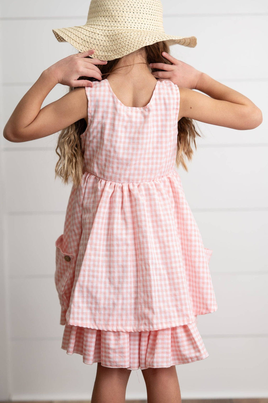 Girls Pink & White Gingham Check Pocket Ruffle Summer Dress