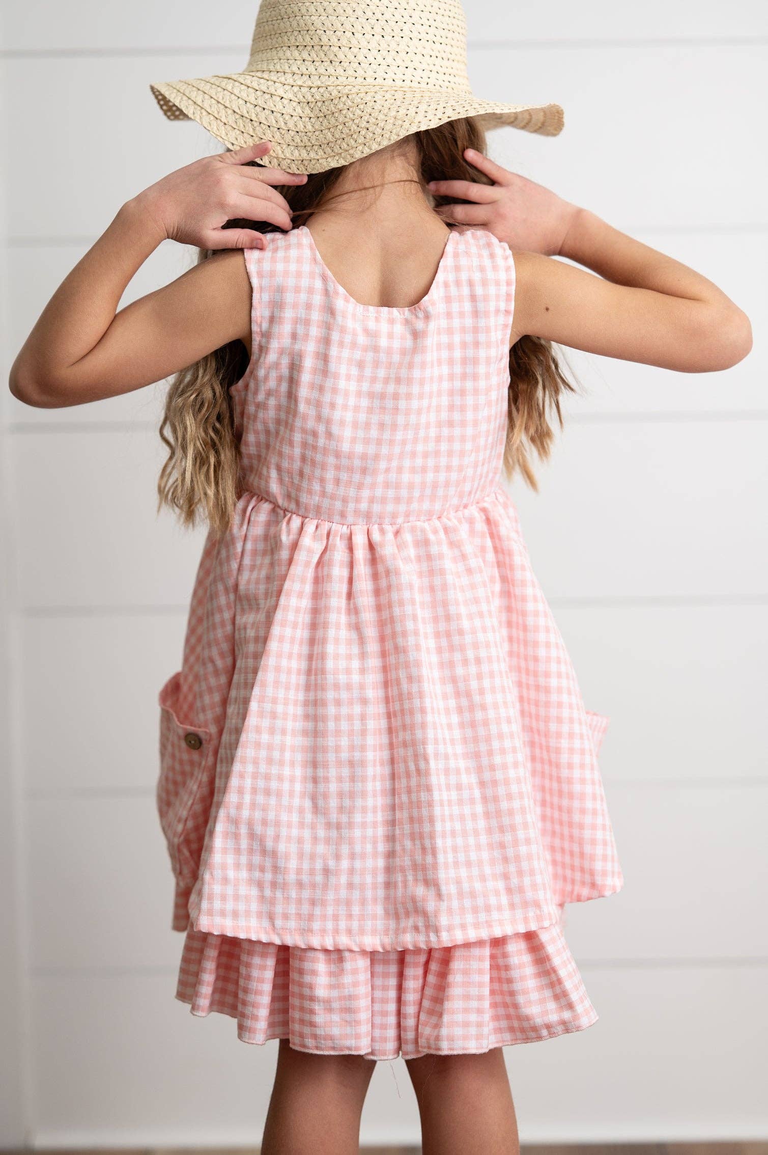 Girls Pink & White Gingham Check Pocket Ruffle Summer Dress