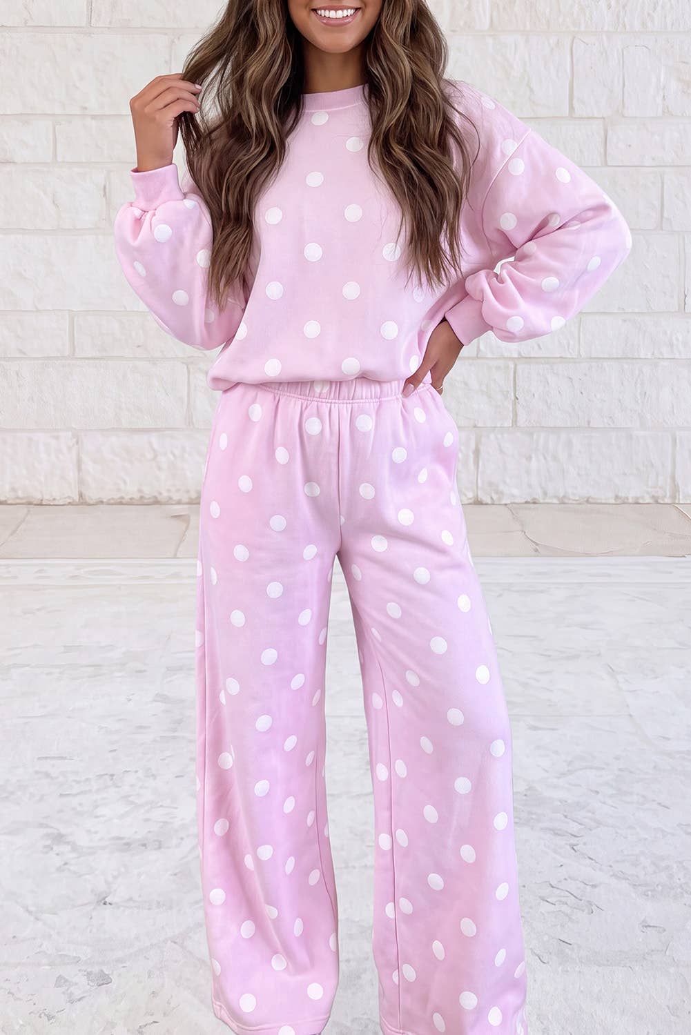 Polka Dot Long Sleeve Top and Pants 2 Pcs Set