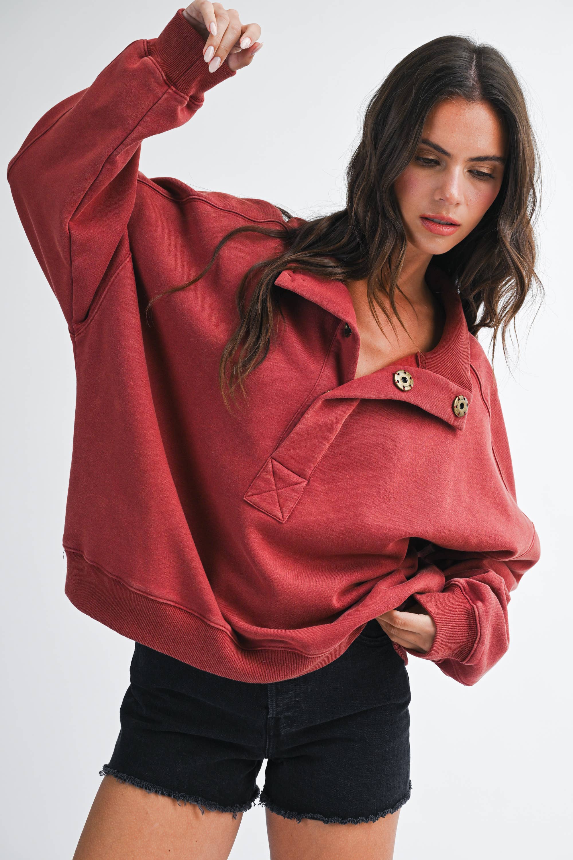 Oversized Snap Neck Pullover Sweatshirt