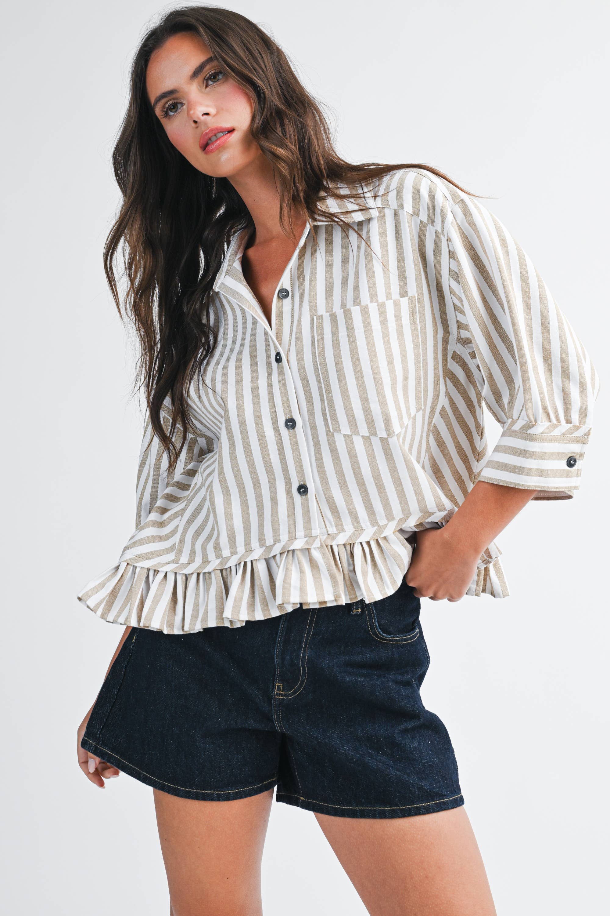 Striped Ruffle Hem Button Down