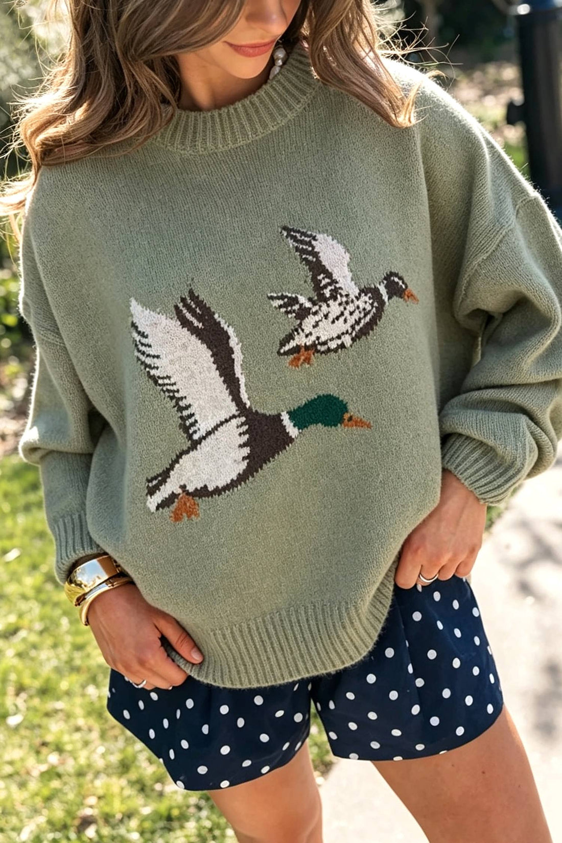 LDC Mallard Pattern Round Neck Drop Shoulder Knit Sweater