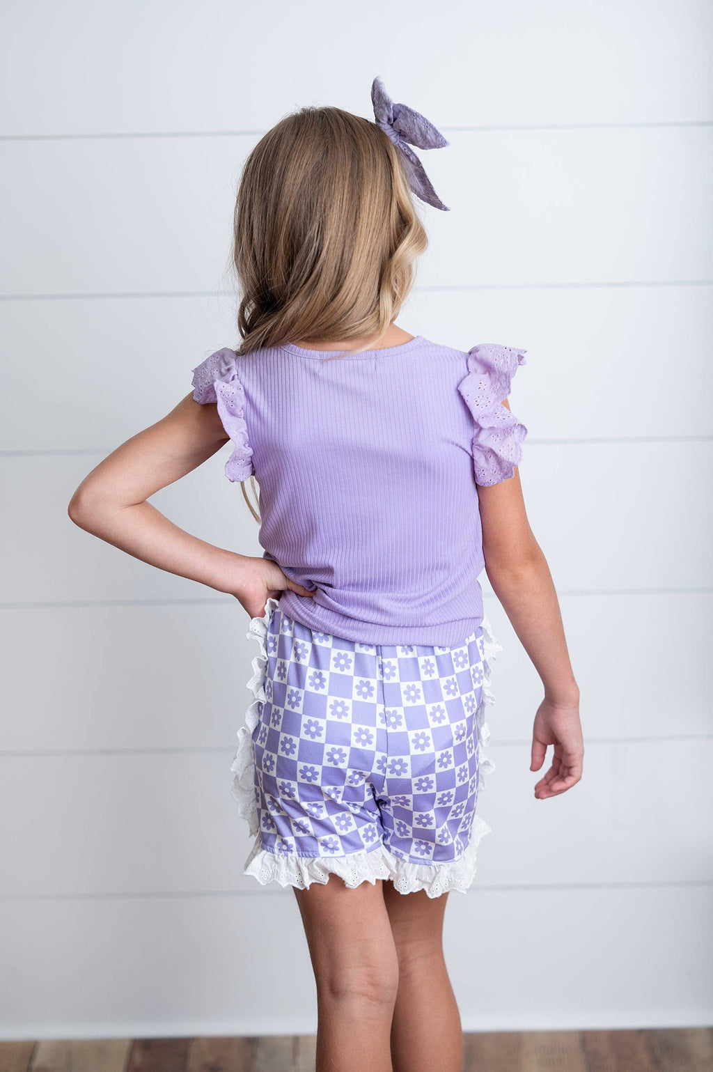 Girls Lavender Checkered Lace Ruffle Summer Short Set