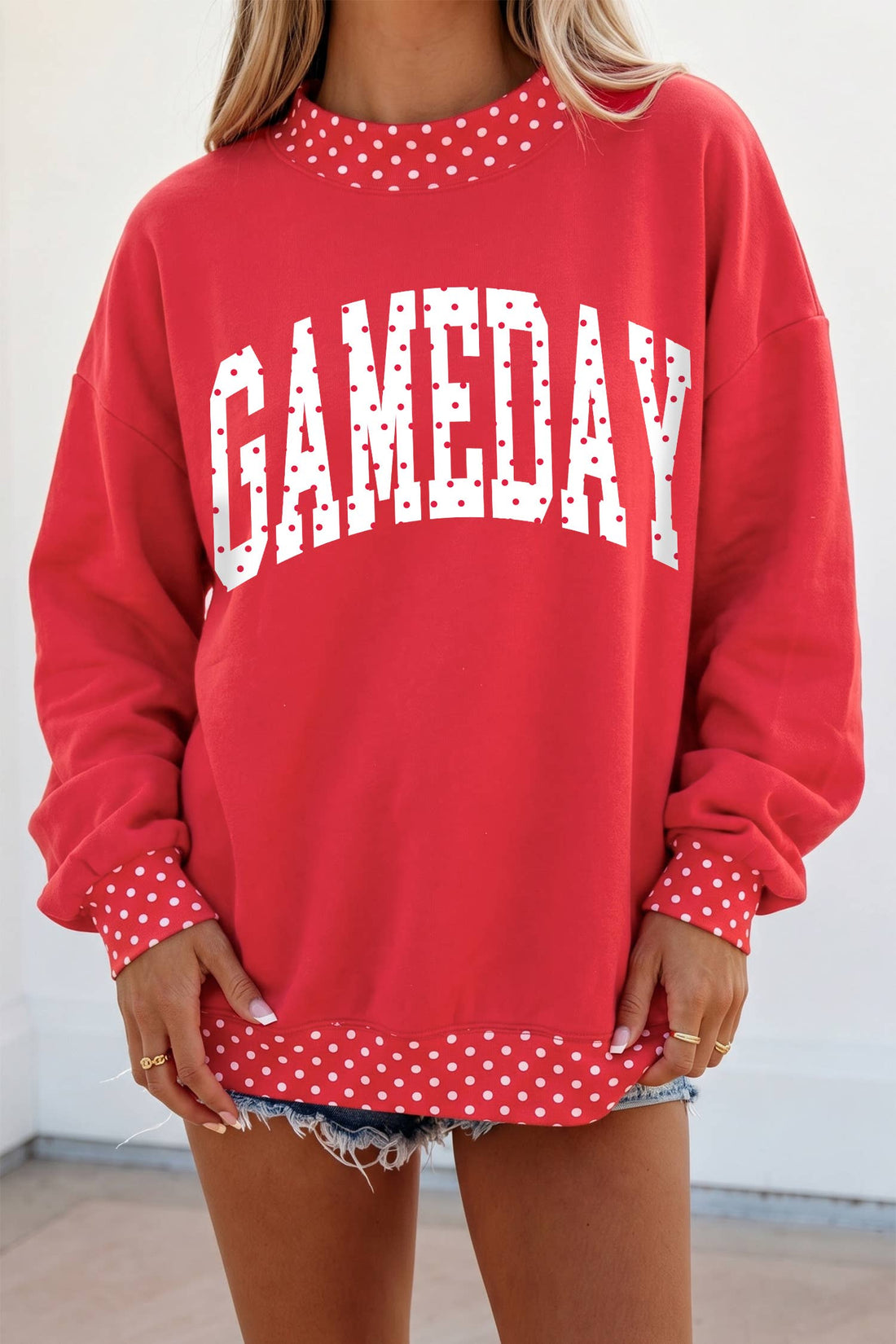 LDC Polka Dot Game Day Graphic Pullover Mock Neck Sweatshirt