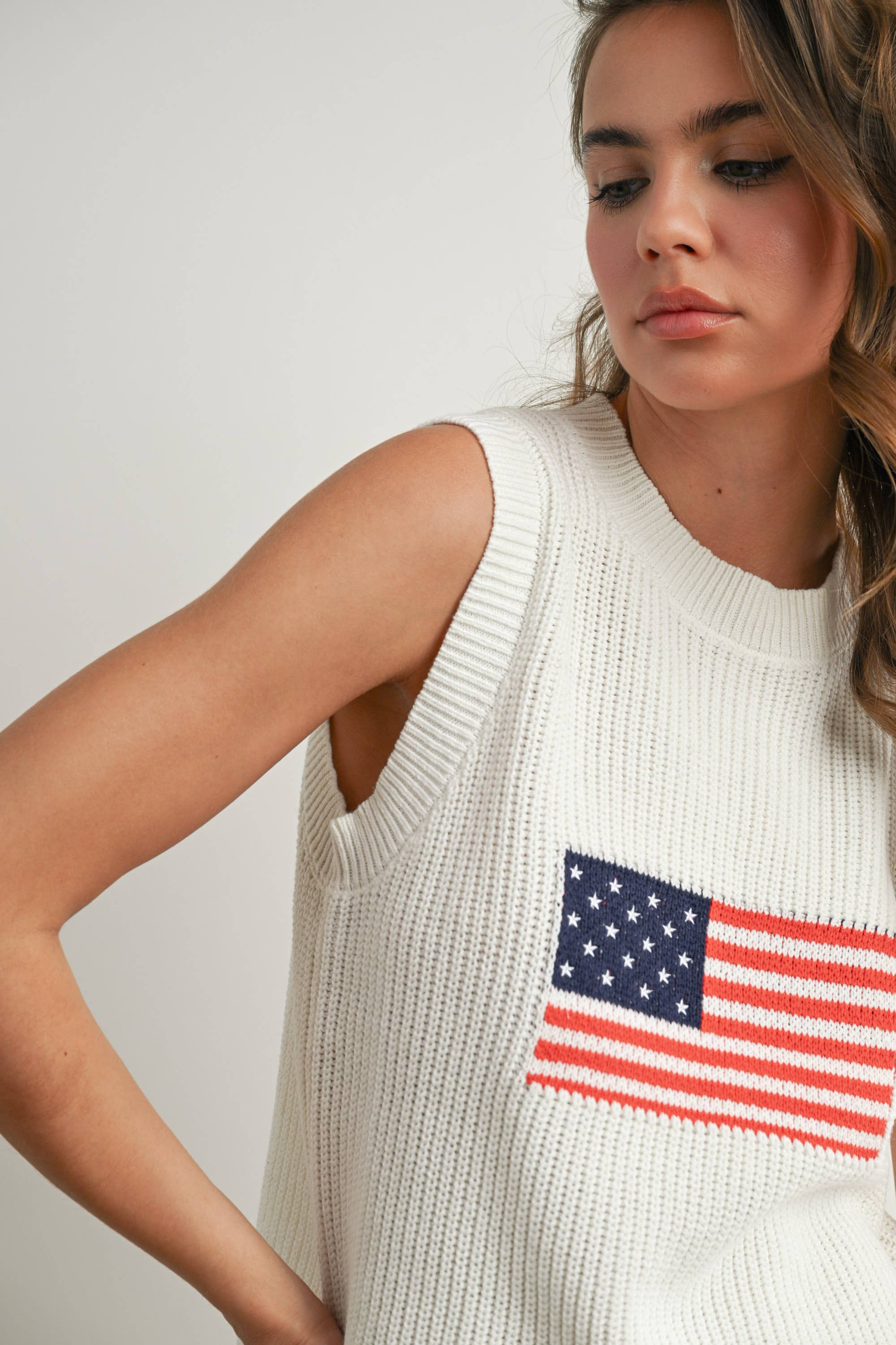 Flag Print Knitted Sleeveless Sweater - BMW7749