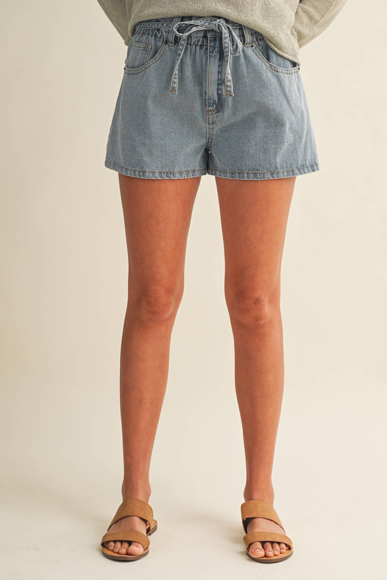 High Rise Gathered Waist Denim Shorts