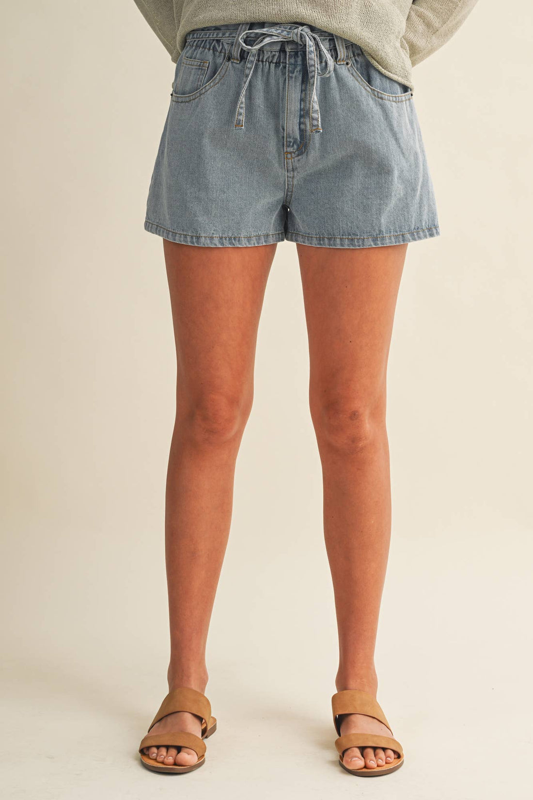 High Rise Gathered Waist Denim Shorts