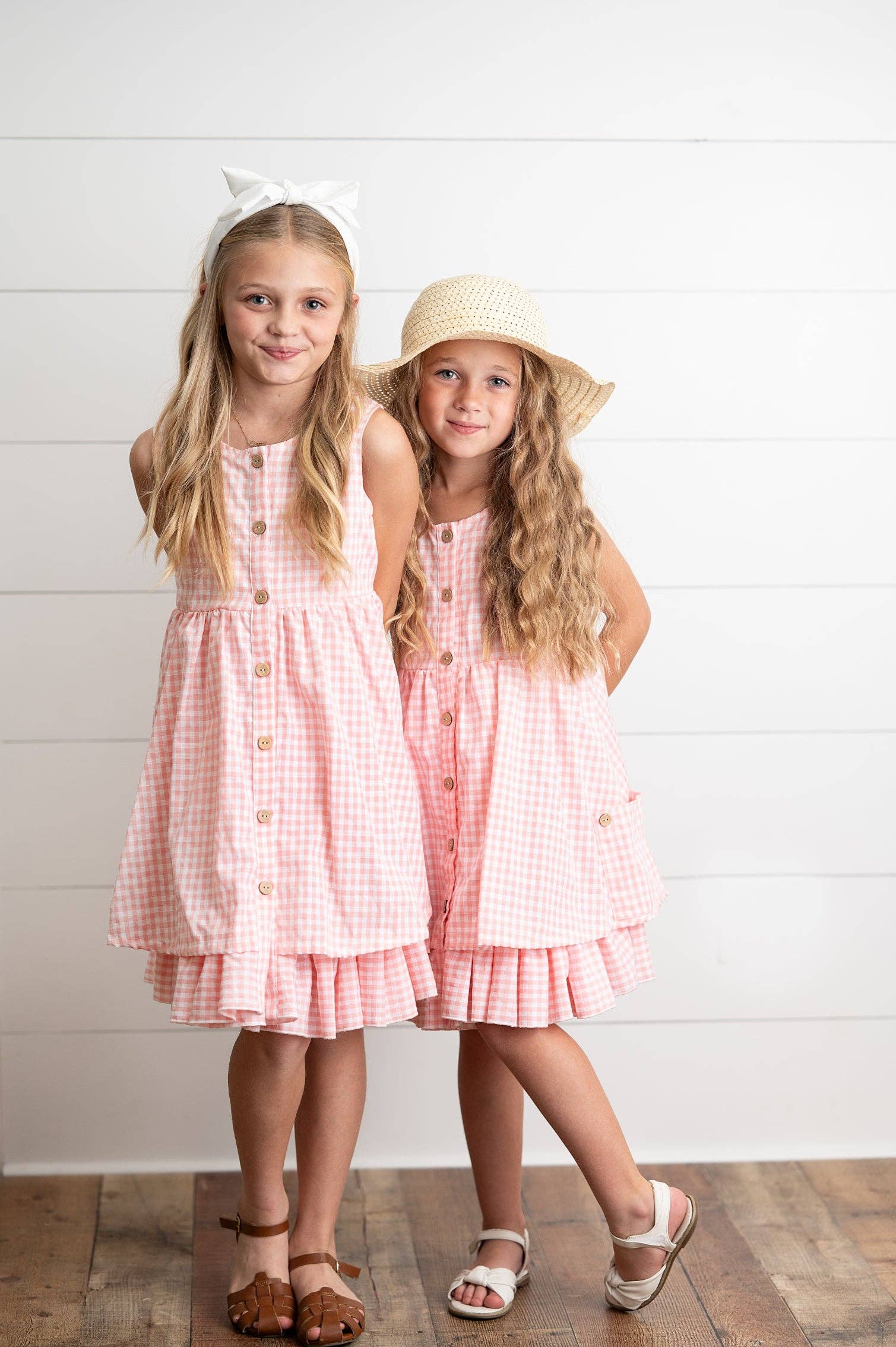 Girls Pink & White Gingham Check Pocket Ruffle Summer Dress