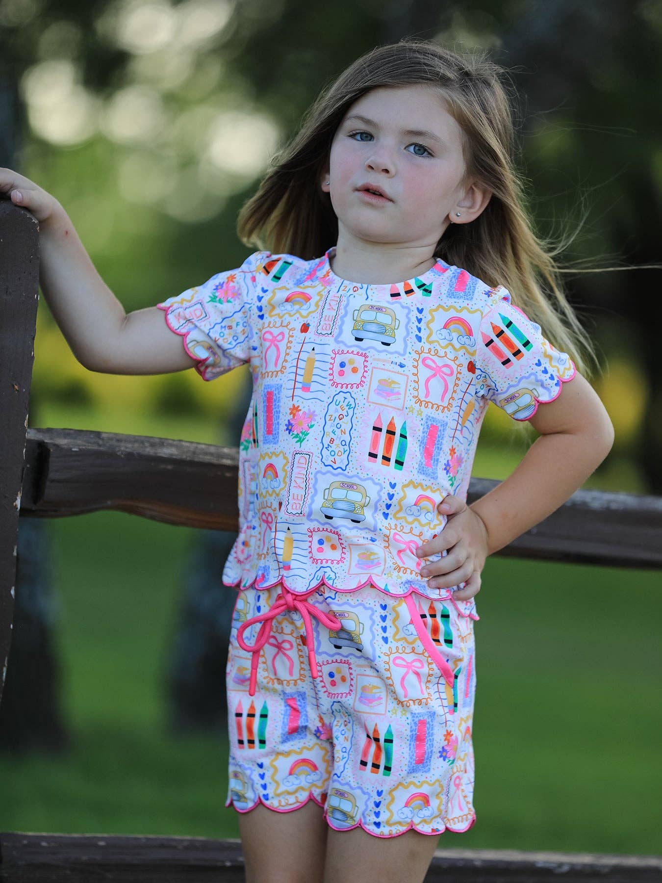 Back to School Print Girl Short Set Scallop Hem
