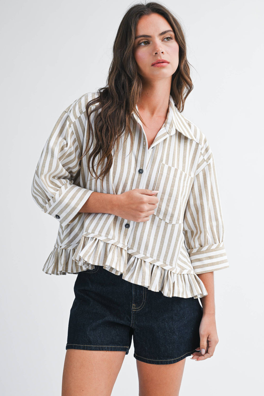Striped Ruffle Hem Button Down