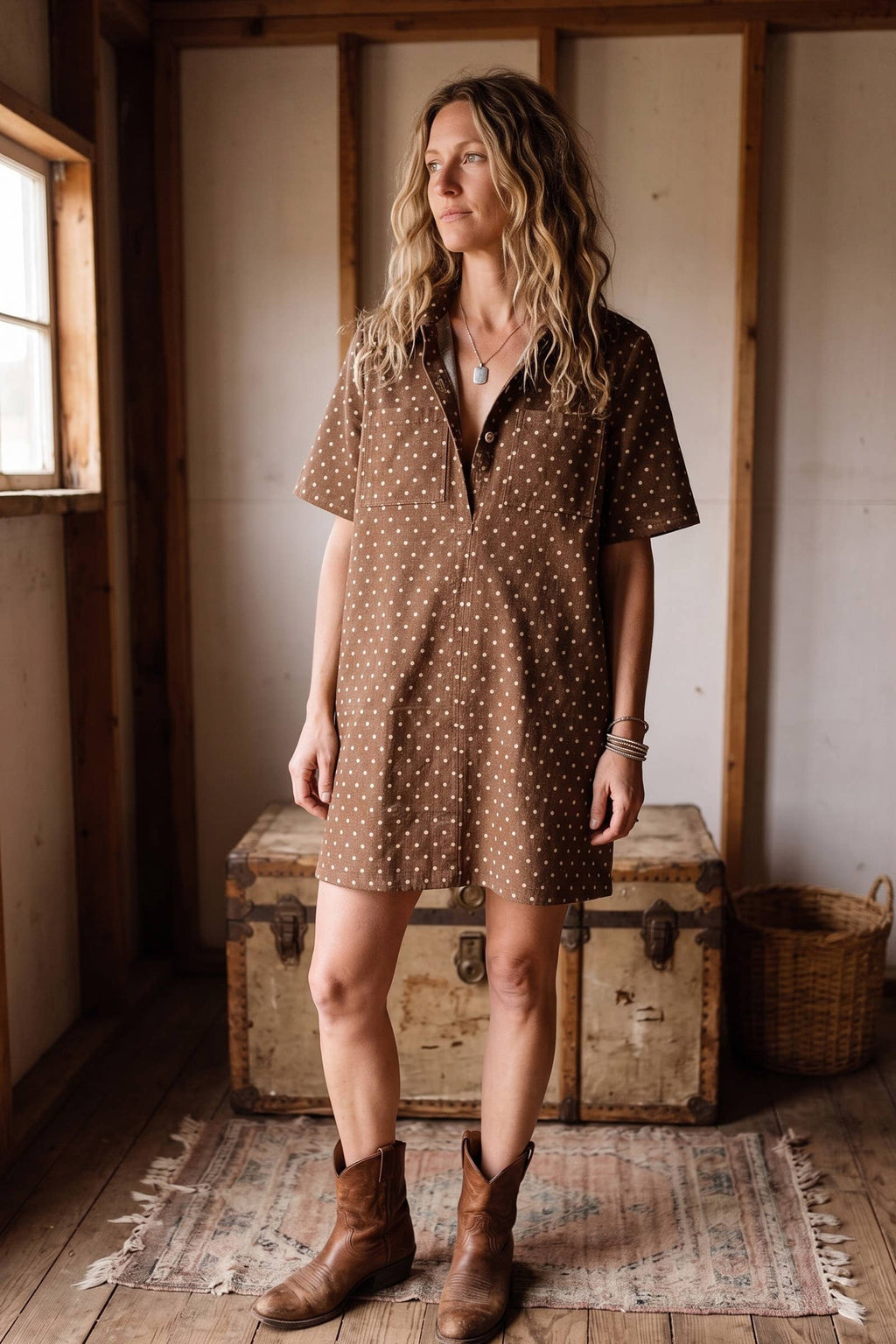Polka Dot Denim Shirt Dress