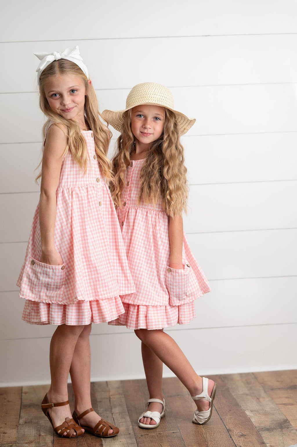 Girls Pink & White Gingham Check Pocket Ruffle Summer Dress