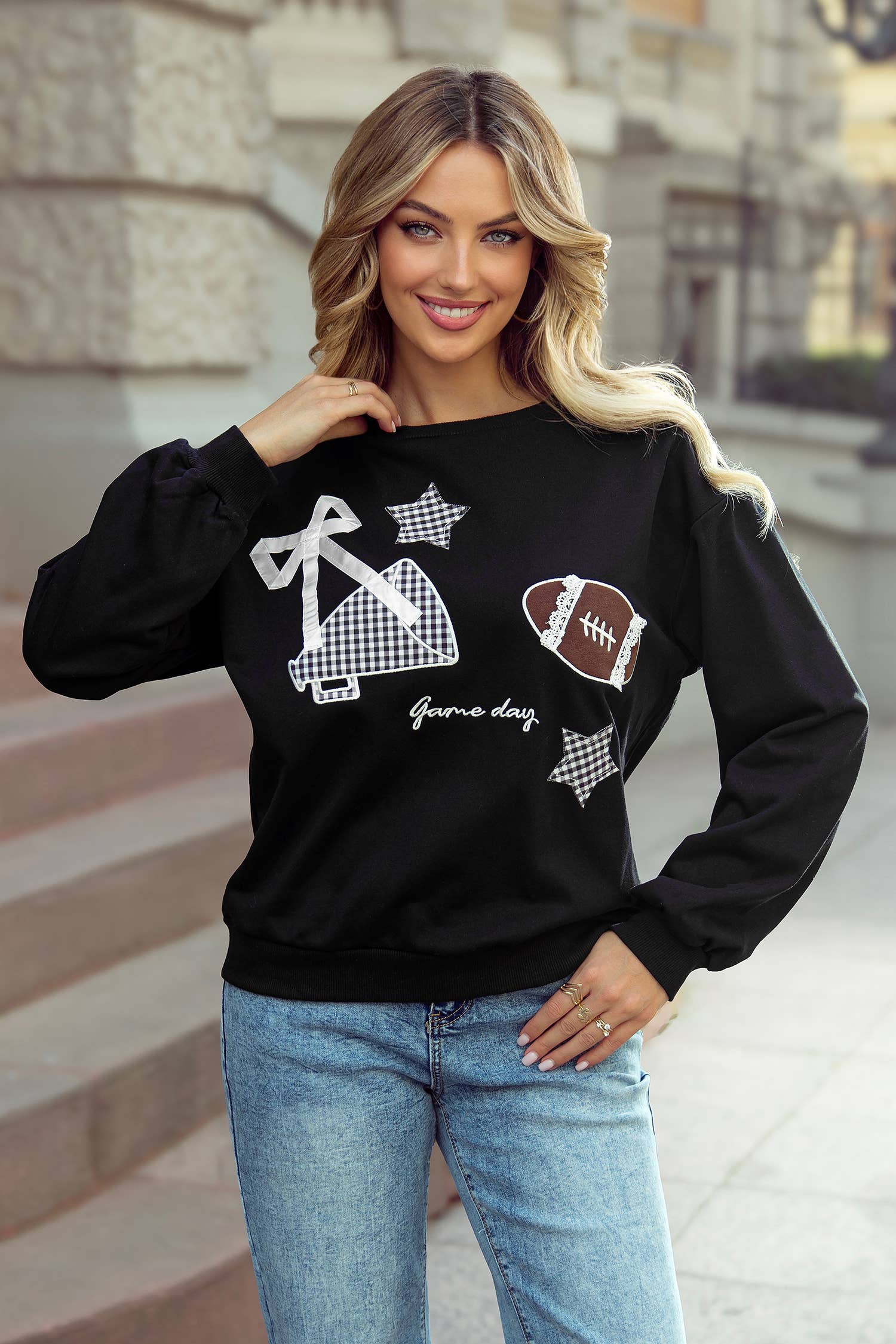 Gingham Stars Lace Applique Game Day Sweatshirt S–4X
