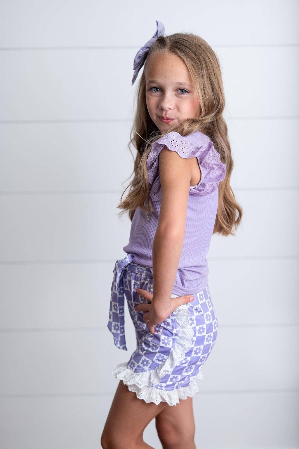 Girls Lavender Checkered Lace Ruffle Summer Short Set