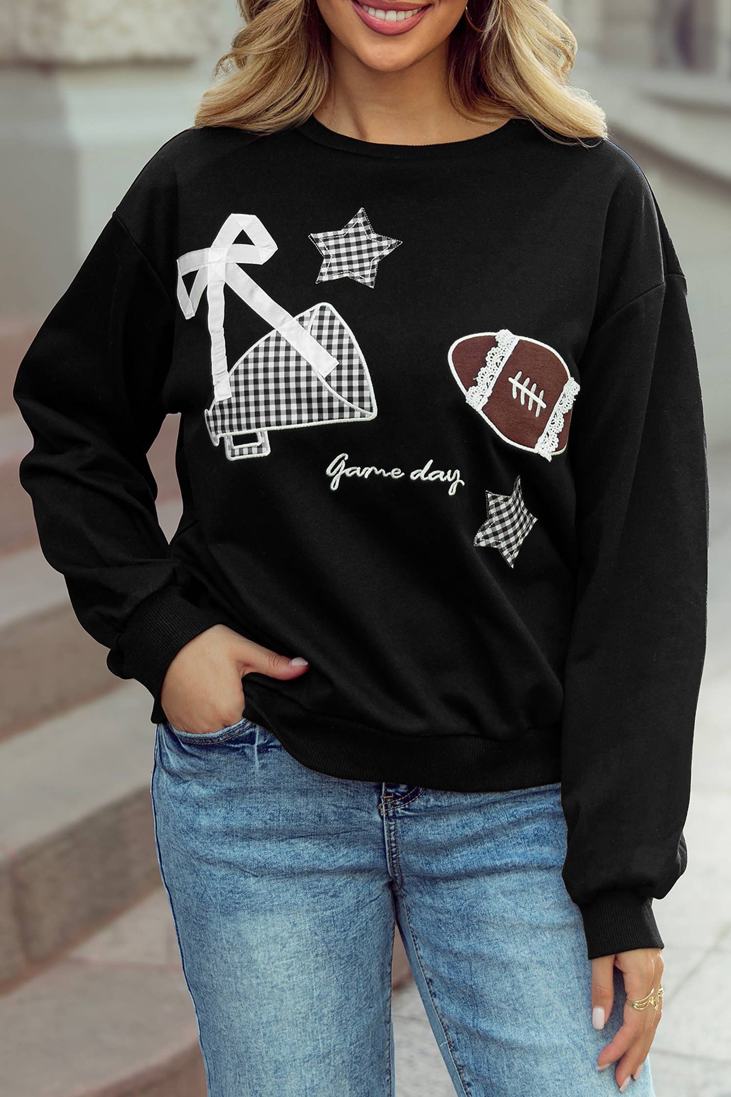 Gingham Stars Lace Applique Game Day Sweatshirt S–4X