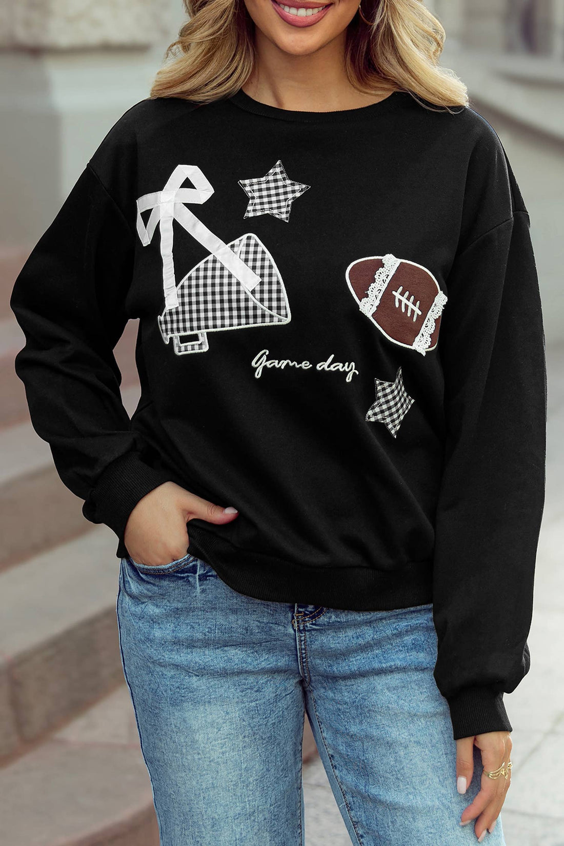 Gingham Stars Lace Applique Game Day Sweatshirt S–4X