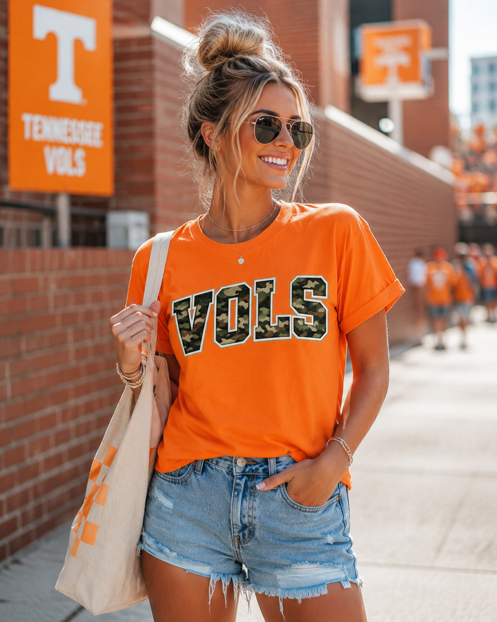 Camo VOLS Game Day Graphic Tee | Exclusive Tennessee Football Shirt | Orange Gildan Unisex Fit Boutique Tee