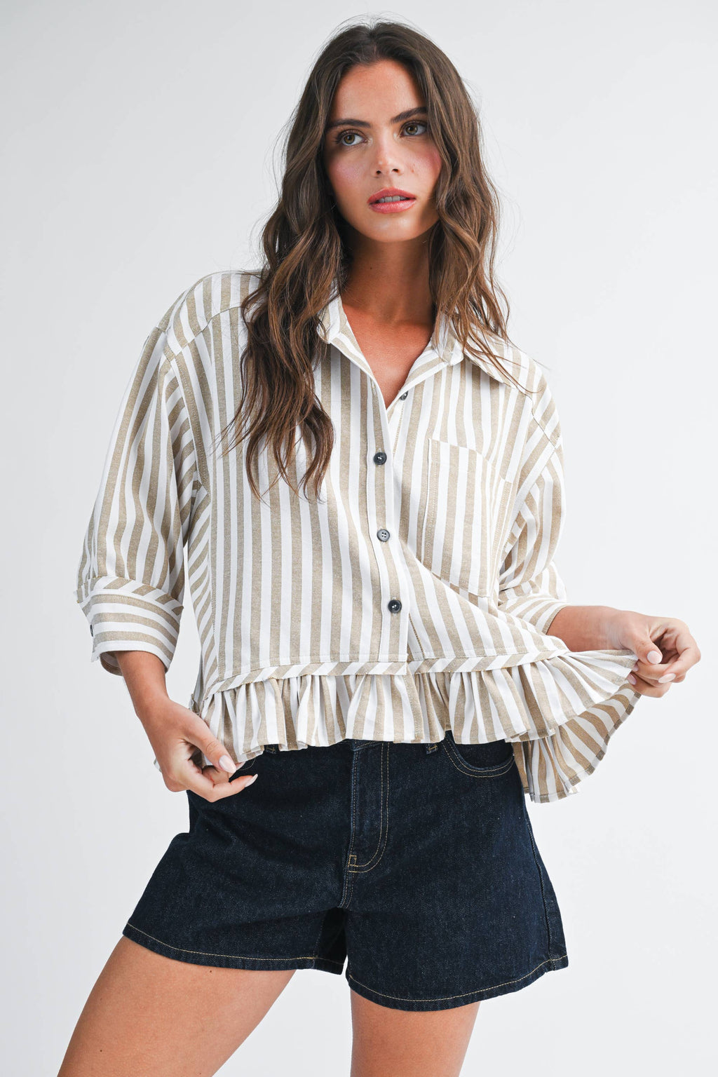 Striped Ruffle Hem Button Down