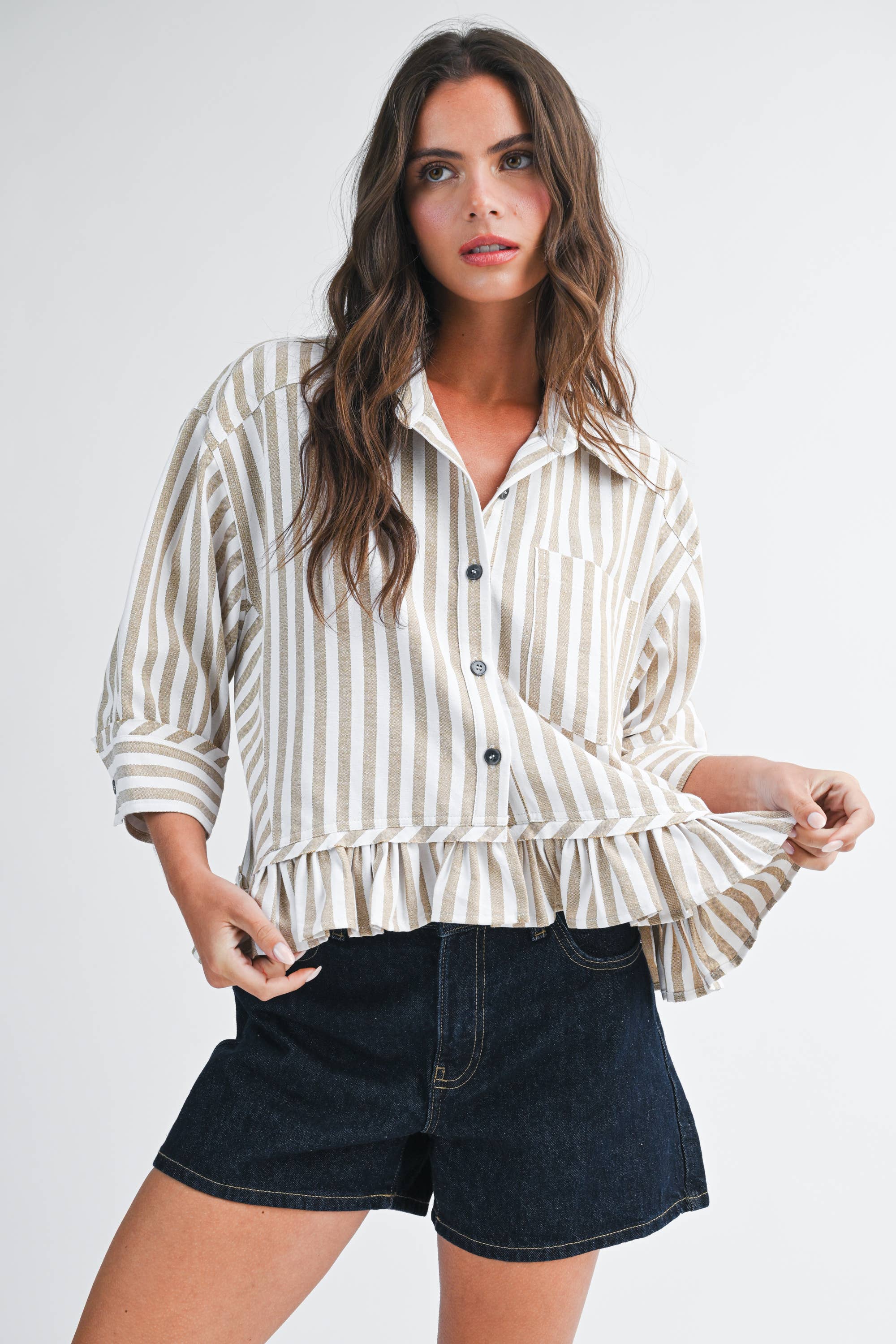 Striped Ruffle Hem Button Down
