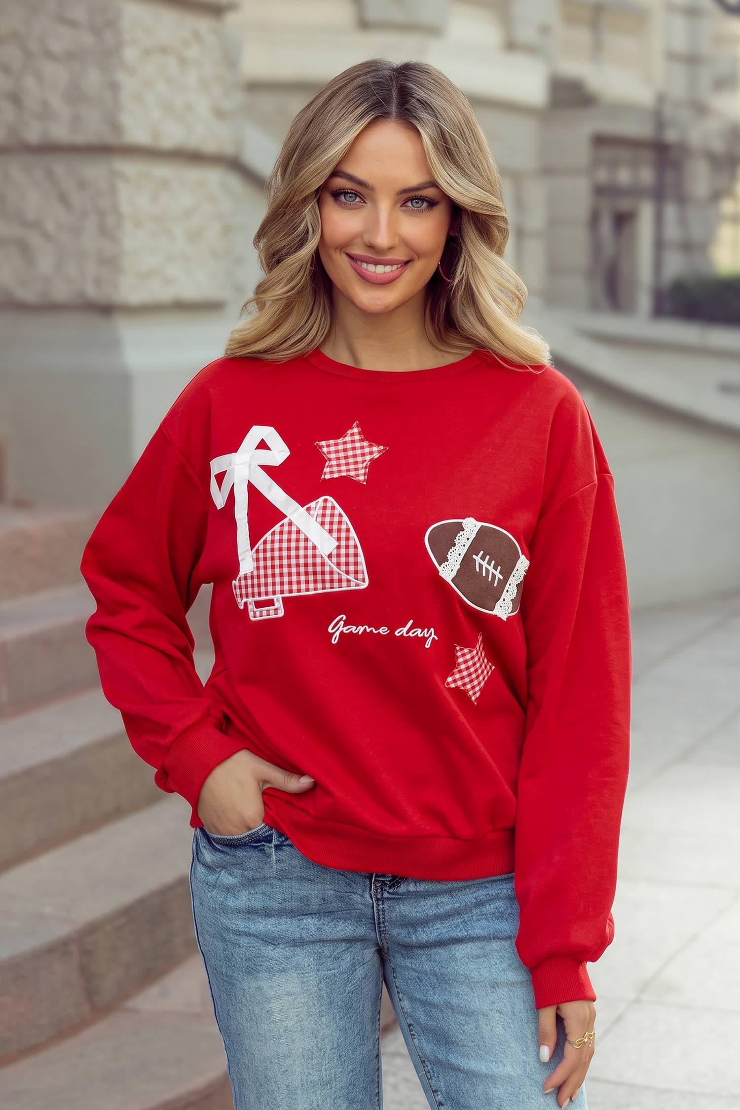 Gingham Stars Lace Applique Game Day Sweatshirt S–4X